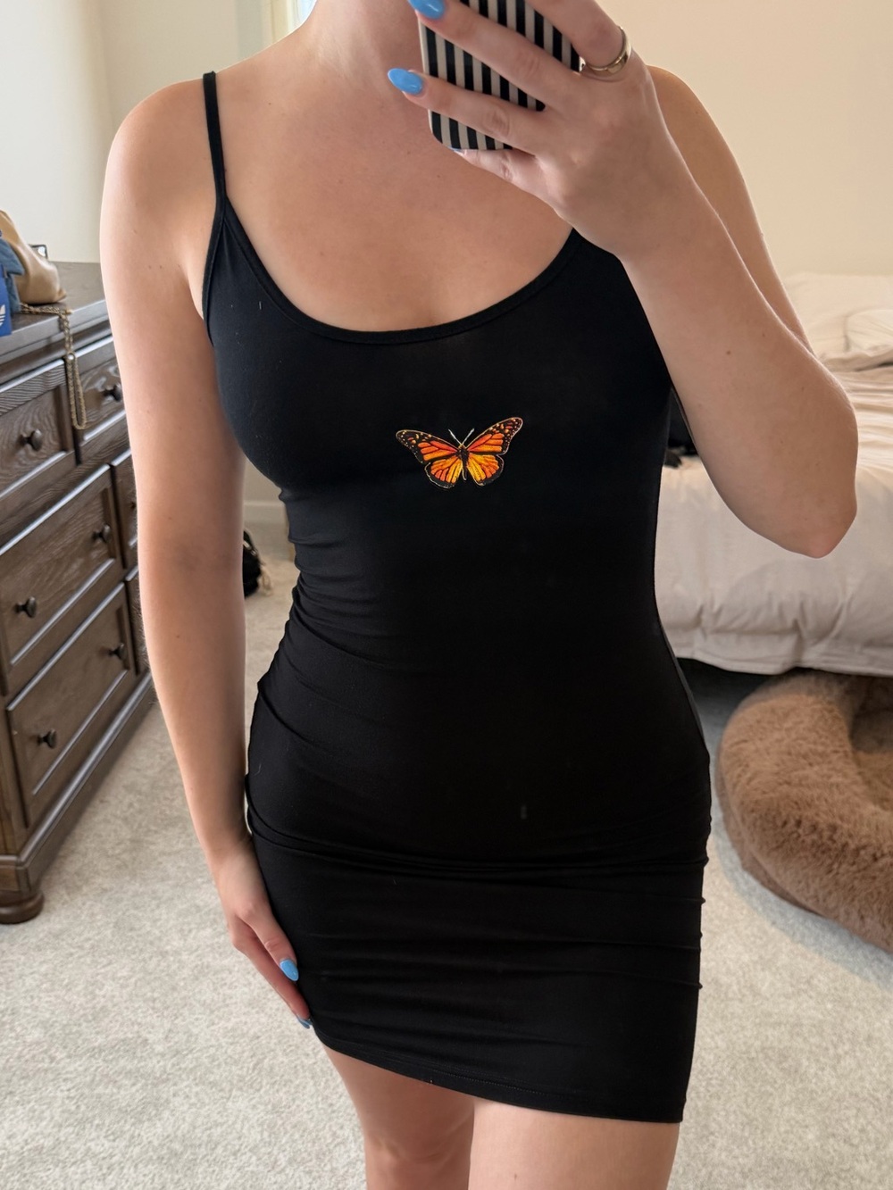 Black Bodycon Mini Dress with Orange Butterfly
